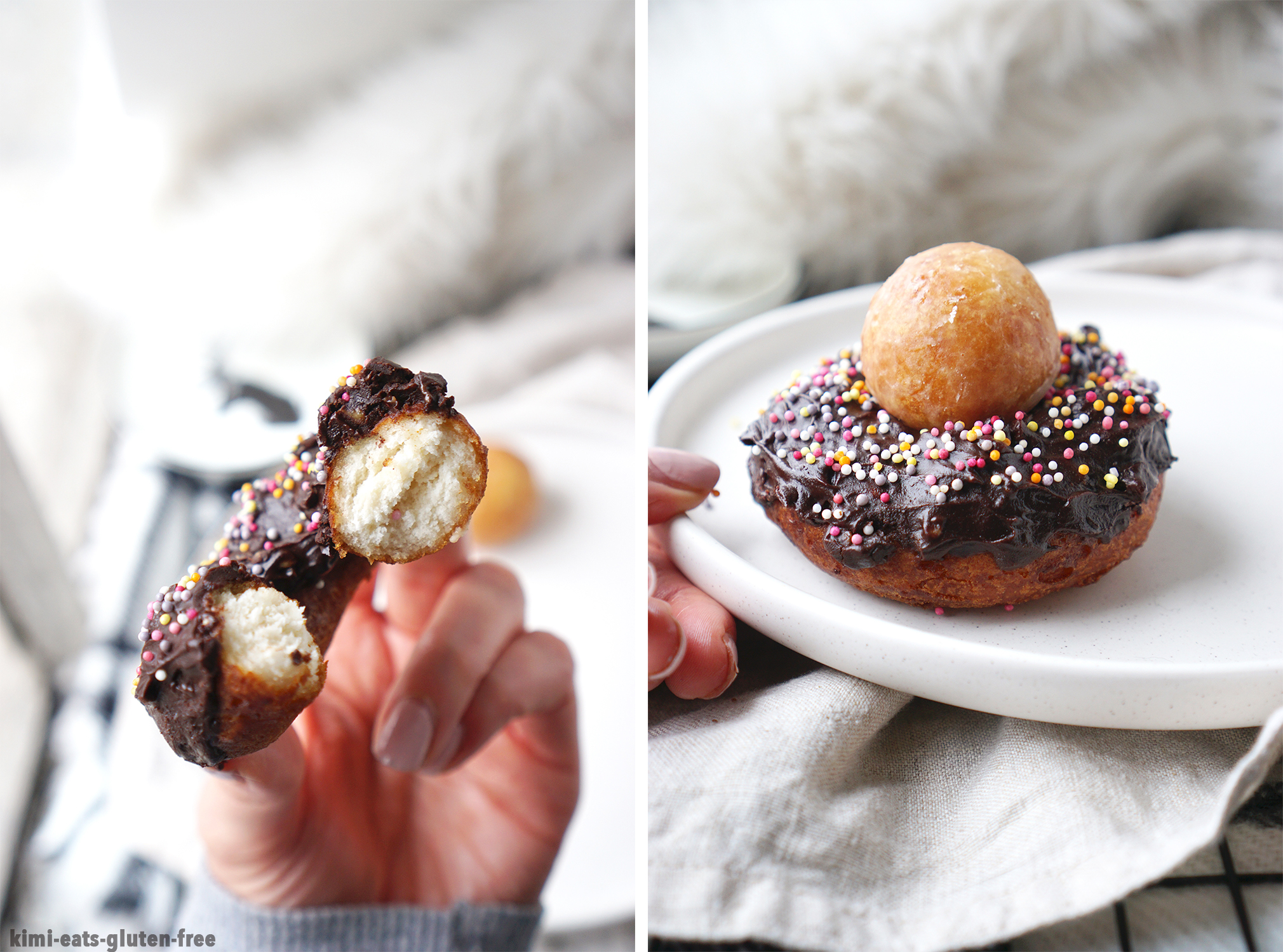 Proper fried gluten free yeast doughnuts with salted caramel dark chocolate icing and sprinkles - made with Doves Farm / Freee Foods gluten free bread flour